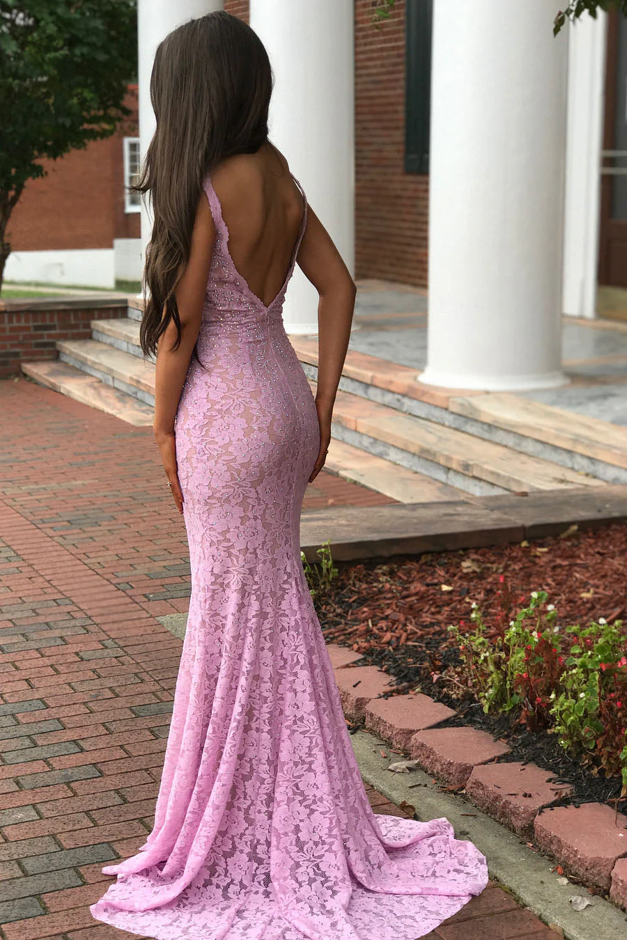 Elegant Mermaid V-Neck Pink Lace Prom Dress - Image 2