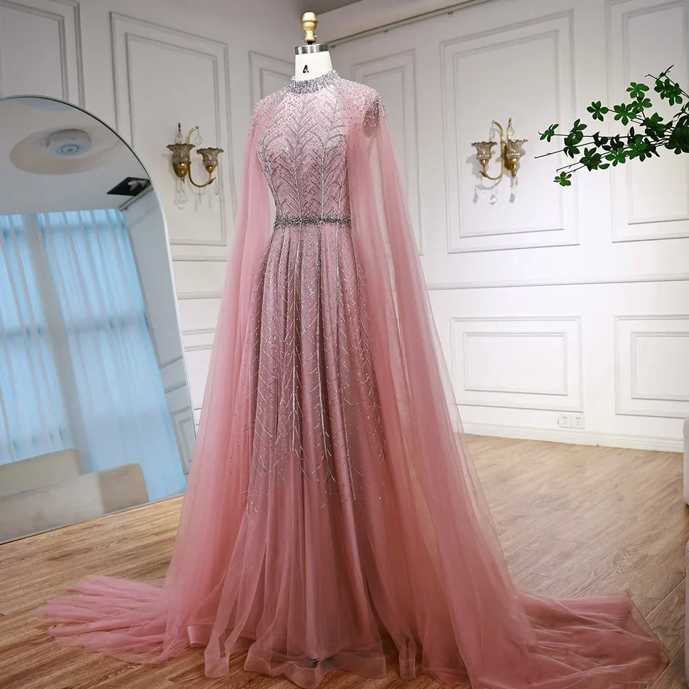 Luxury Elegant Pink Beaded Evening Dress with Cape LA73033 - Image 4