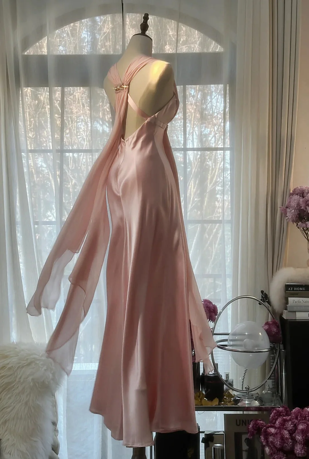 Elegant Pink Chiffon V-Neck Simple Long Prom Dress - Image 2