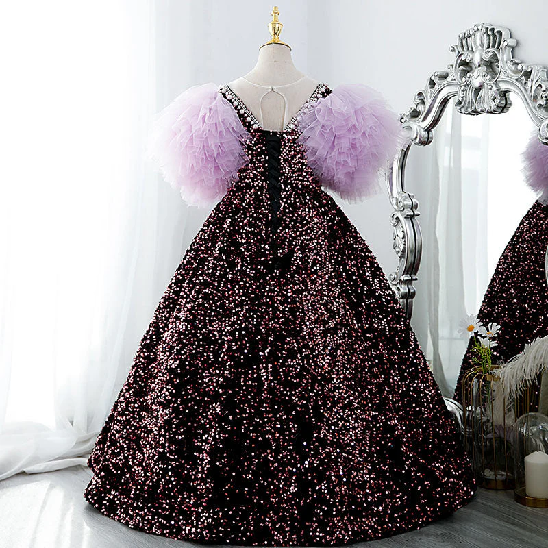 Toddler Ball Gowns Girl Communion Purple Sequin Long Puff Sleeves Princess Pageant Dress - Image 2