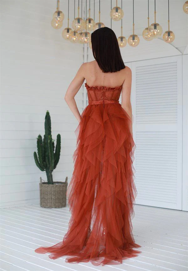 Elegant Rust Tiered Ruffles Tulle Prom Dress - Image 3
