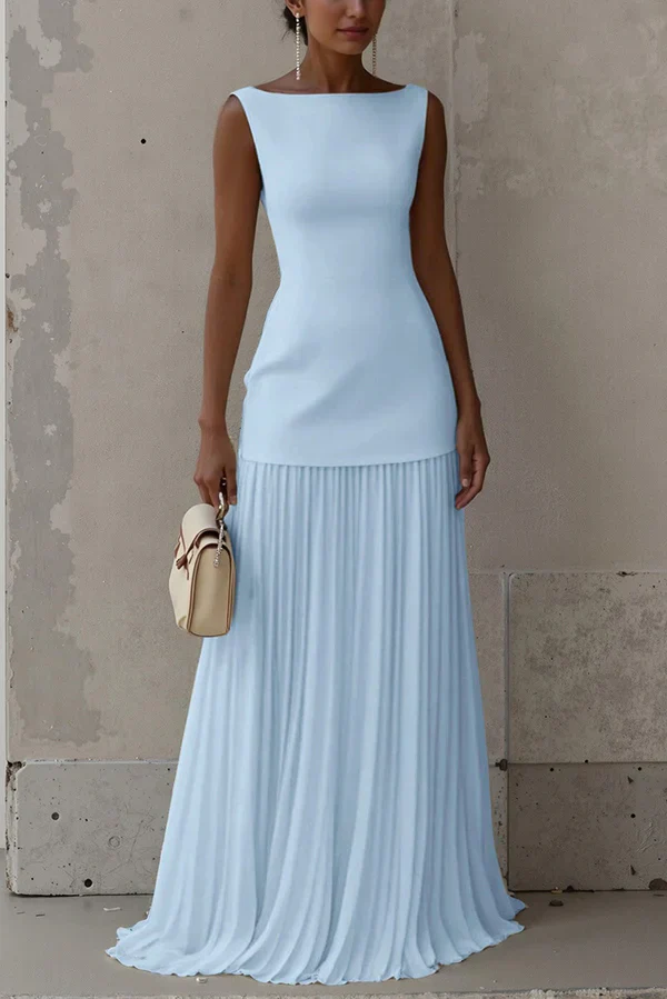 Elegant Solid Color Sleeveless Pleated Maxi Dress Prom Dresses - Image 4