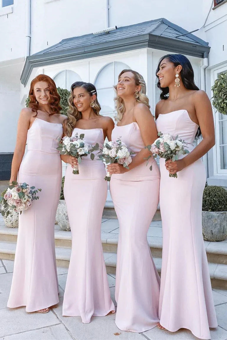 Elegant Strapless Mermaid Floor-Length Pink Bridesmaid Dress - Image 2