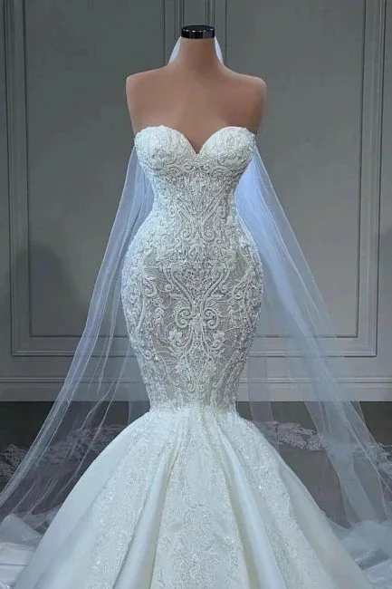 Elegant Strapless Sleeveless Mermaid Satin Floor-Length Wedding Dresses with Lace - Image 2