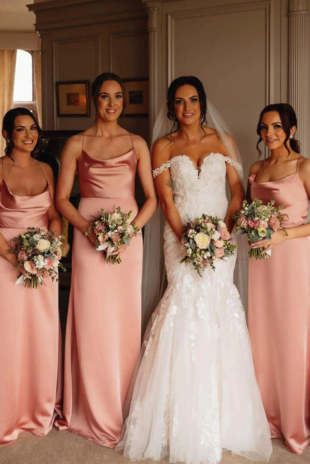Elegant Straps Pink Floor Lenght Long Bridesmaid Dress - Image 3