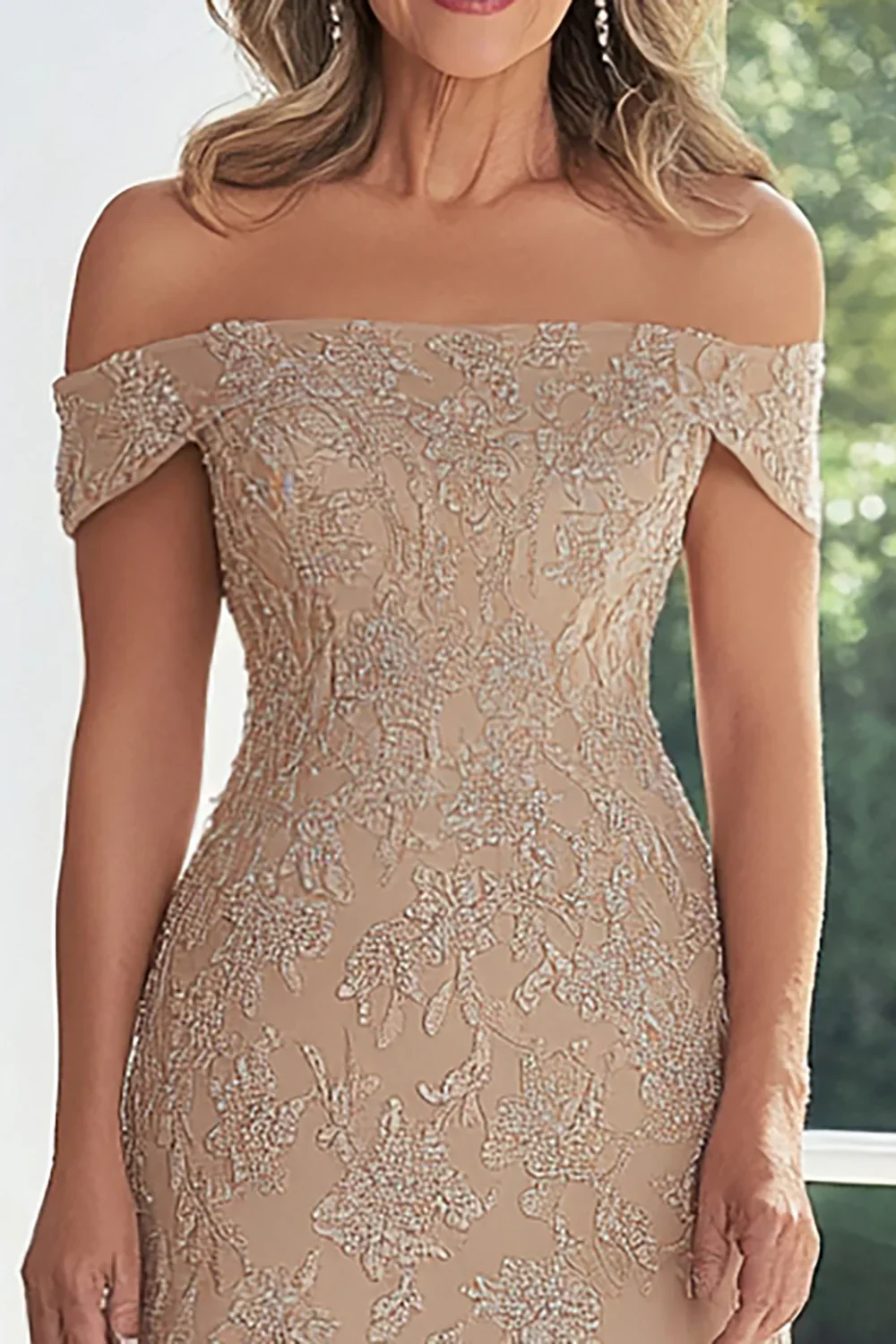 Elegant Taupe Lace Applique Sheath Off the Shoulder Mother of the Bride Dress - Image 2