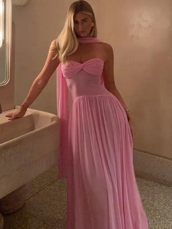 Elegant tube top Scarf Collar Mesh Pink Maxi Dress Prom Dresses - Image 2