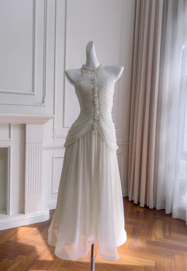 Elegant White A Line Halter Pearl Pleated Chiffon Prom Dress Vacation Dress
