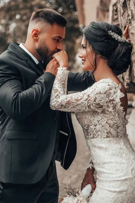 Elegant White Floral Lace Mermaid Spring Wedding Dress Long Sleeves V-Neck Slim Bridal Dresses - Image 7