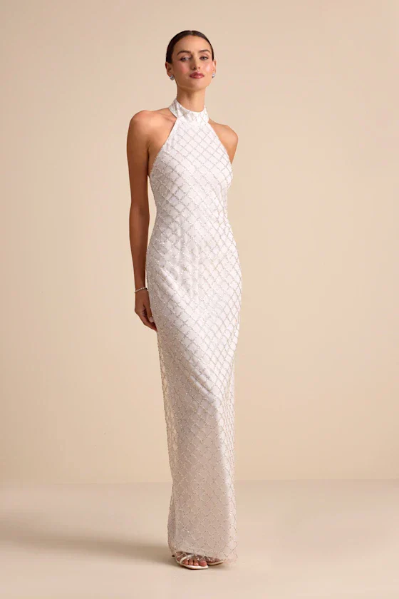 Elegant White Halter Neck Maxi Dress with Geometric Sequin Embellishments and High Side Slit, Prom Dress