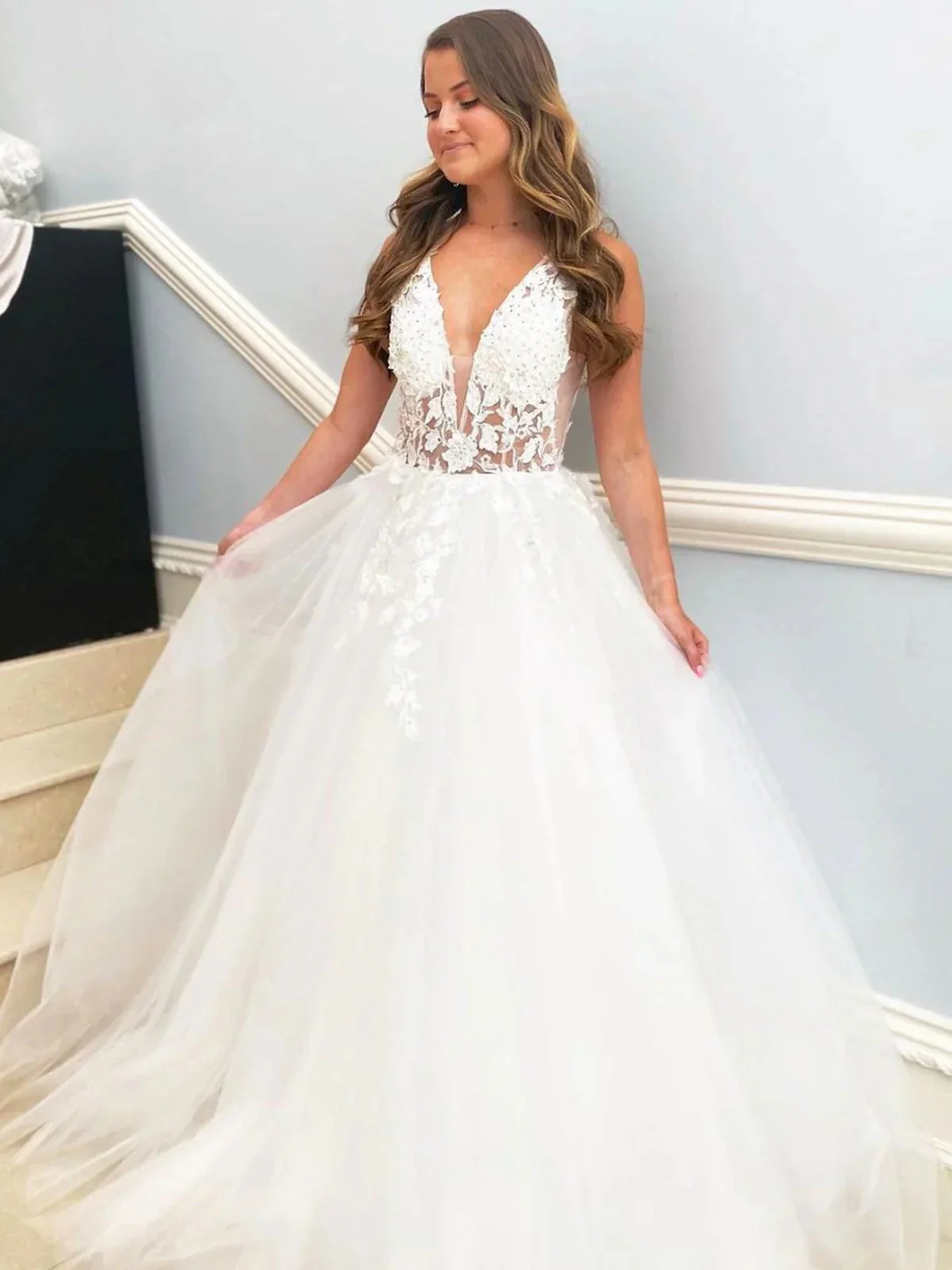 Elegant White Long A-line V Neck Tulle Lace Floral Wedding Dresses