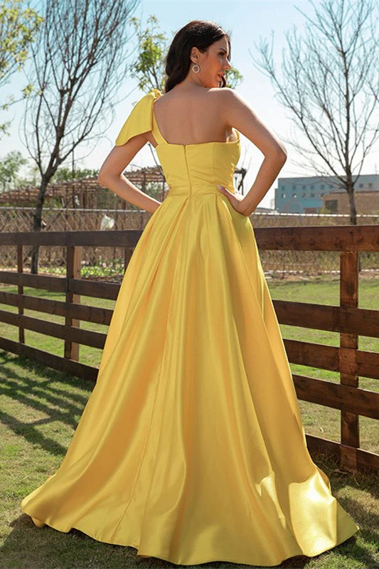 Elegant Yellow One Shoulder Long Evening Dress With Slit - Image 7