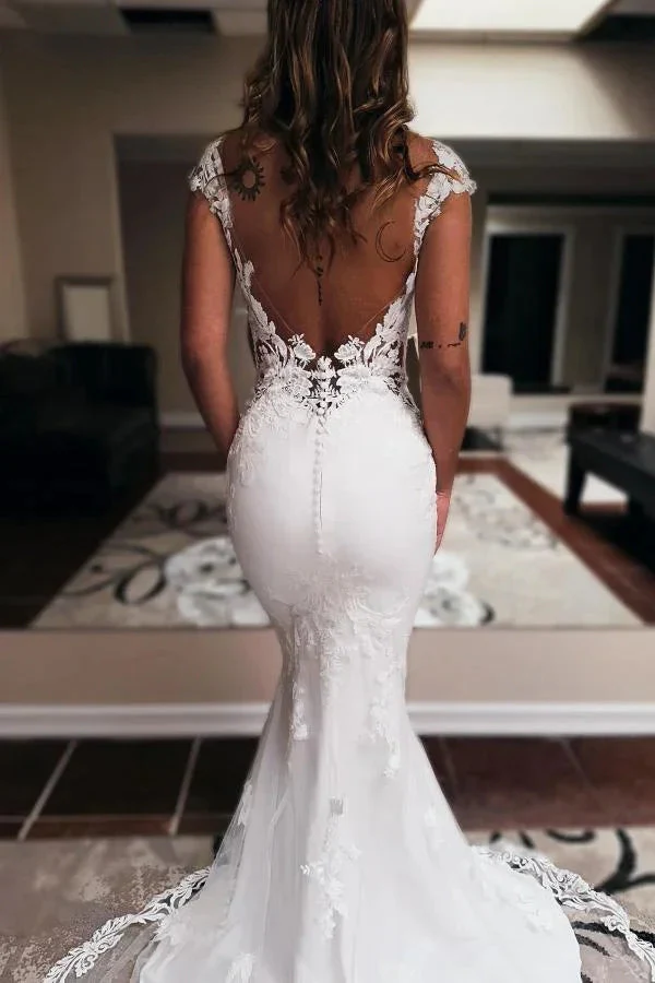 Elegent Long Mermaid Sweetheart Sleeveless Chapel Train Backless Wedding Dress - Image 3