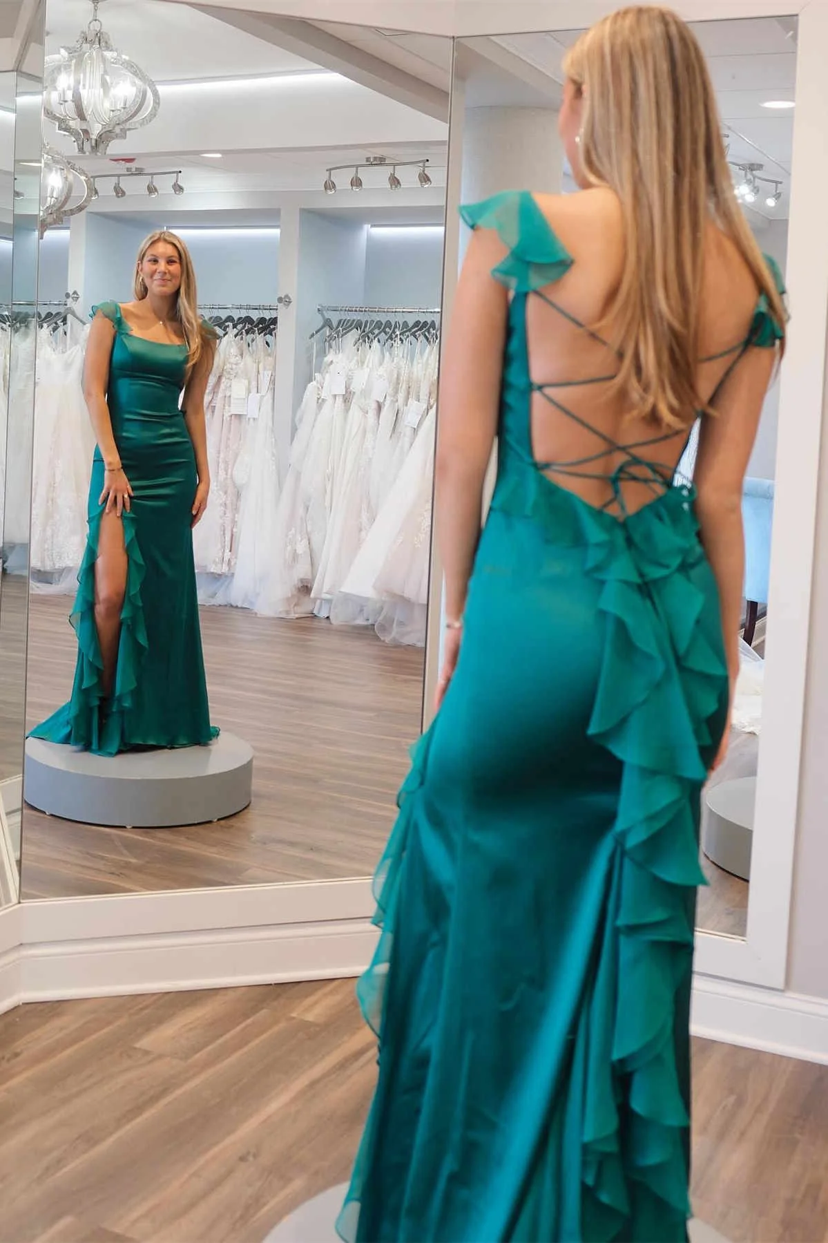 Emerald Green Square Neck Ruffle Slit Prom Dress - Image 3
