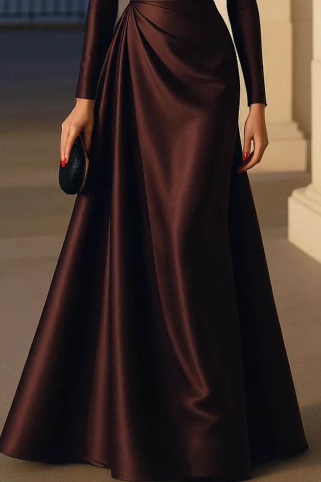 Evening Formal Burgundy Dress Asymmetrical Neck Long Sleeve Maxi Gown - Image 3