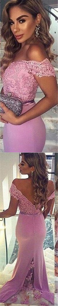 Off shoulder V-Back Long Prom Dresses With Sweep Train, - Image 2