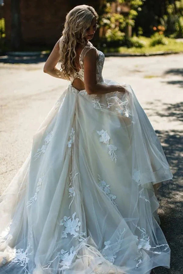 Floral Applique Beach Wedding Dresses Backless Boho Wedding Gown - Image 2