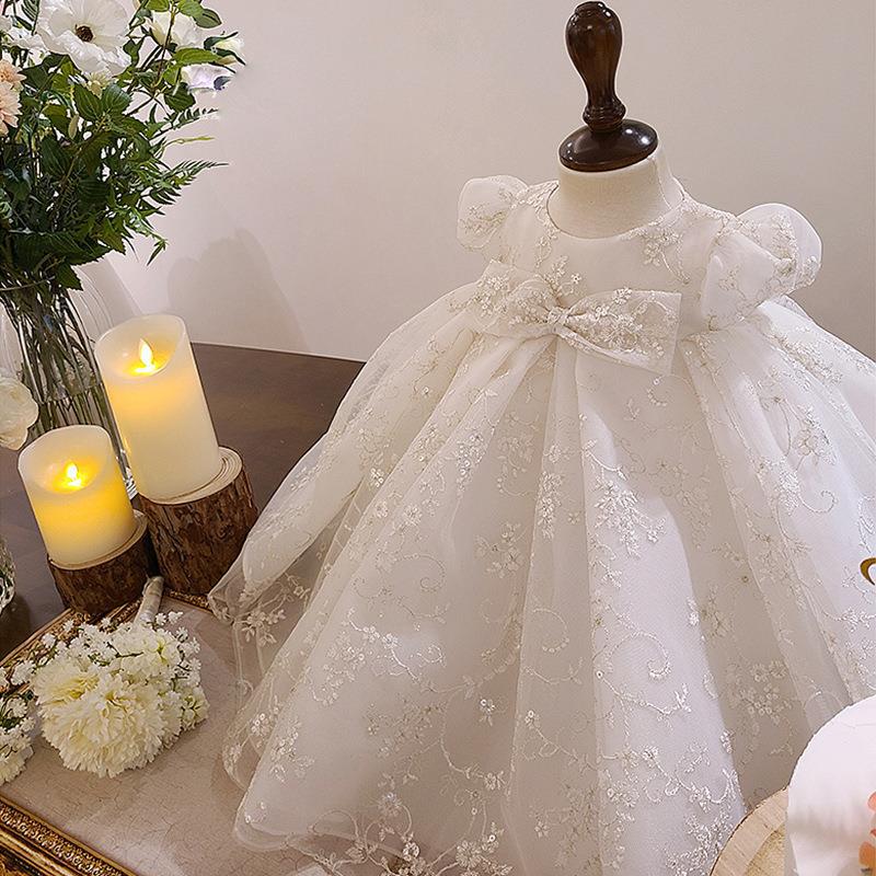 Flower Girl Patterned Puff Sleeve Bow-knot Communion dress - Image 3