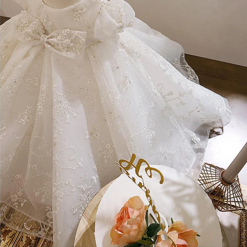 Flower Girl Patterned Puff Sleeve Bow-knot Communion dress - Image 7