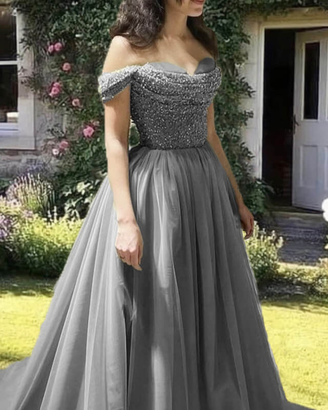Flowy Tulle Off Shoulder Beaded Cowl Neck Dress Ballgown Prom Dresses - Image 2