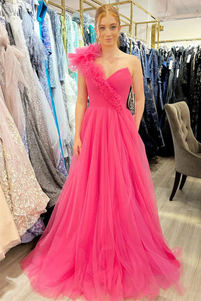 A-Line One Shoulder Long Tulle Prom Dress with Ruffles - Image 2