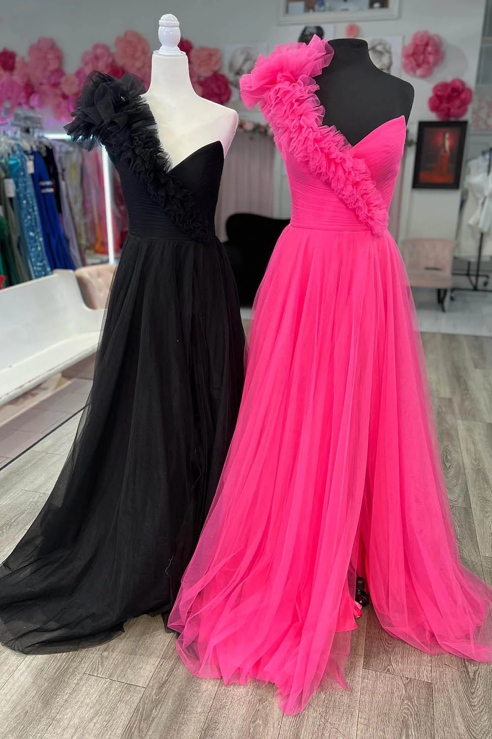 A-Line One Shoulder Long Tulle Prom Dress with Ruffles - Image 4