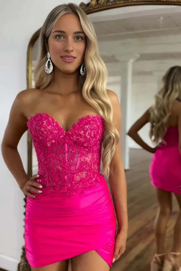 Fuchsia Beaded Lace Appliques Tight Homecoming Dress PD537 - Image 2