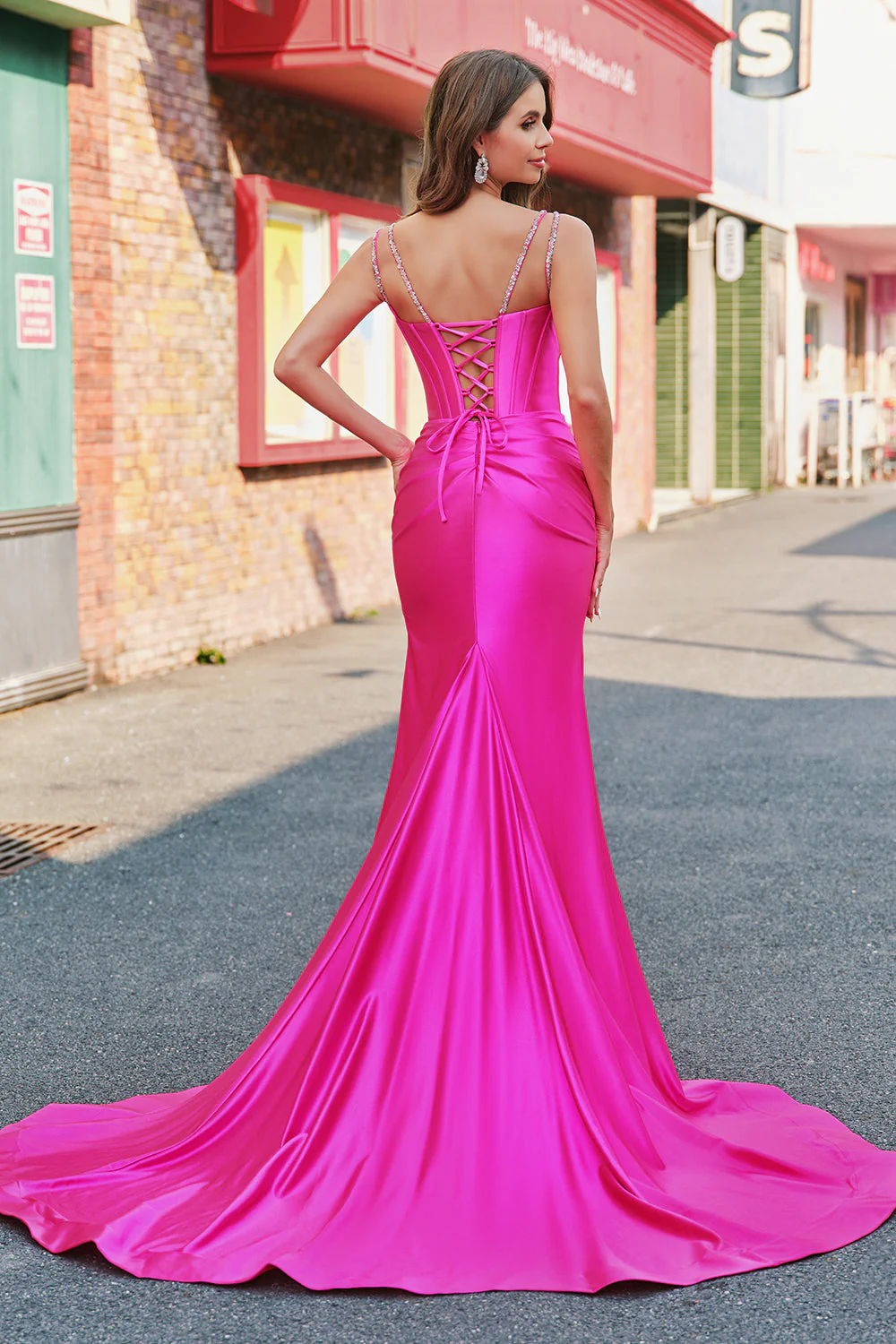 Mermaid Satin Spaghetti Straps Long Corset Prom Dress with Beading - Image 2