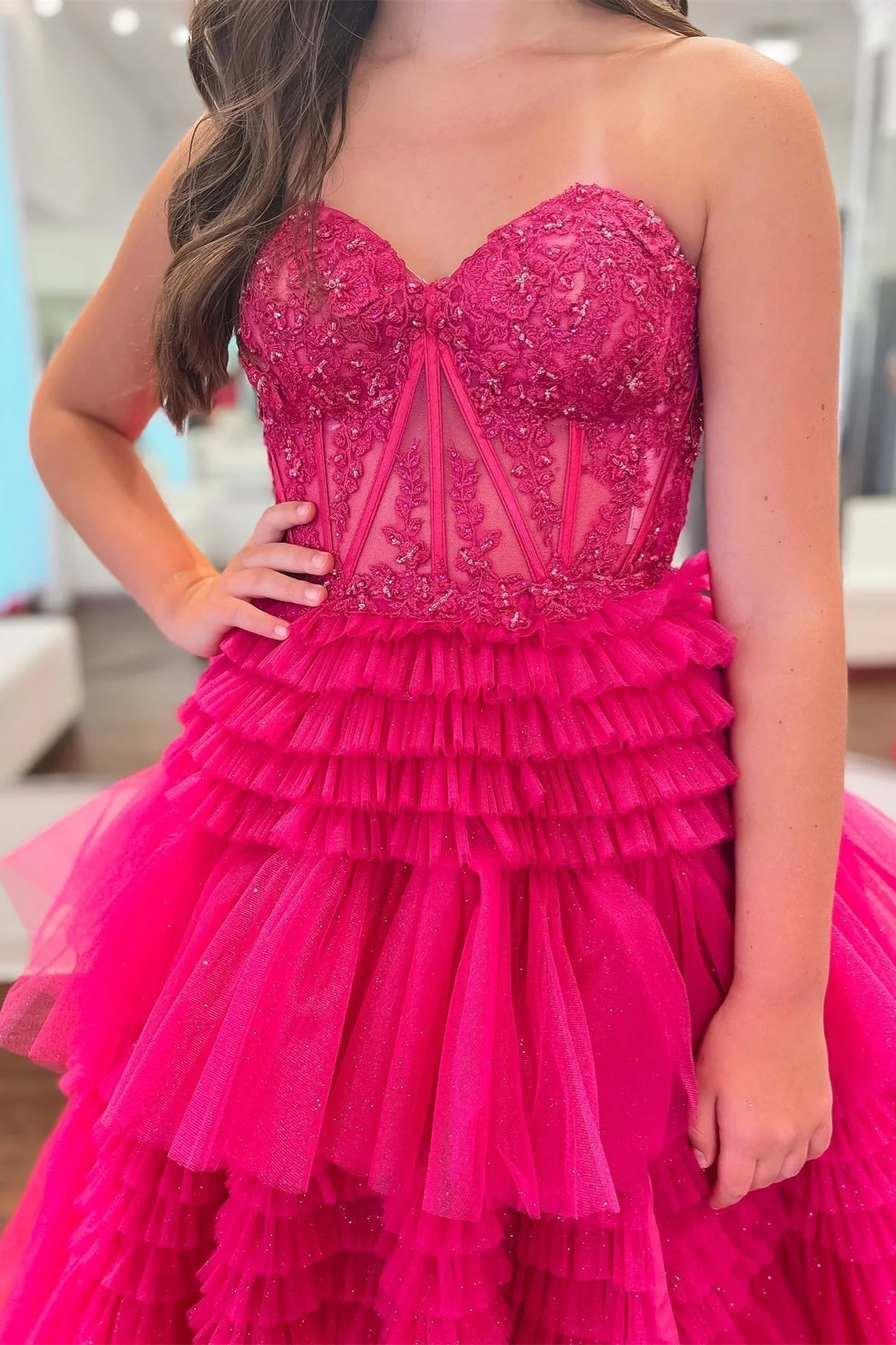 Fuchsia A-Line Sweetheart Tiered Tulle Prom Dress - Image 4