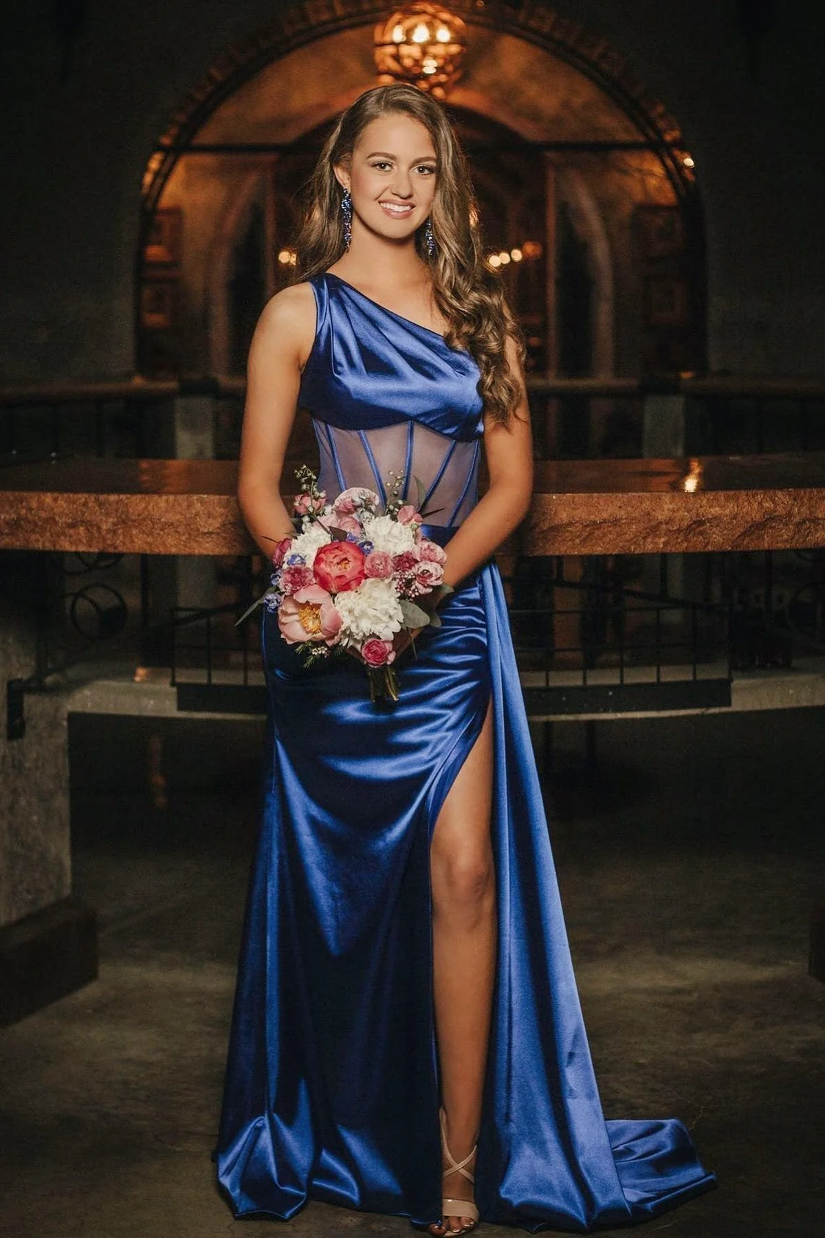 Sheath One Shoulder Pleated Satin Long Prom Dress - Image 5
