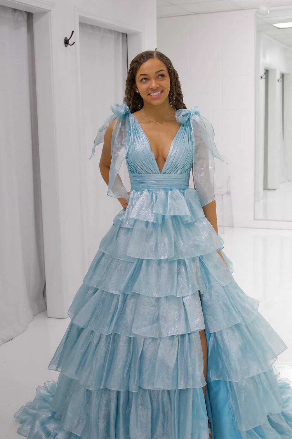 Princess A Line Deep V Neck Long Prom Dress with Ruffles - Image 9