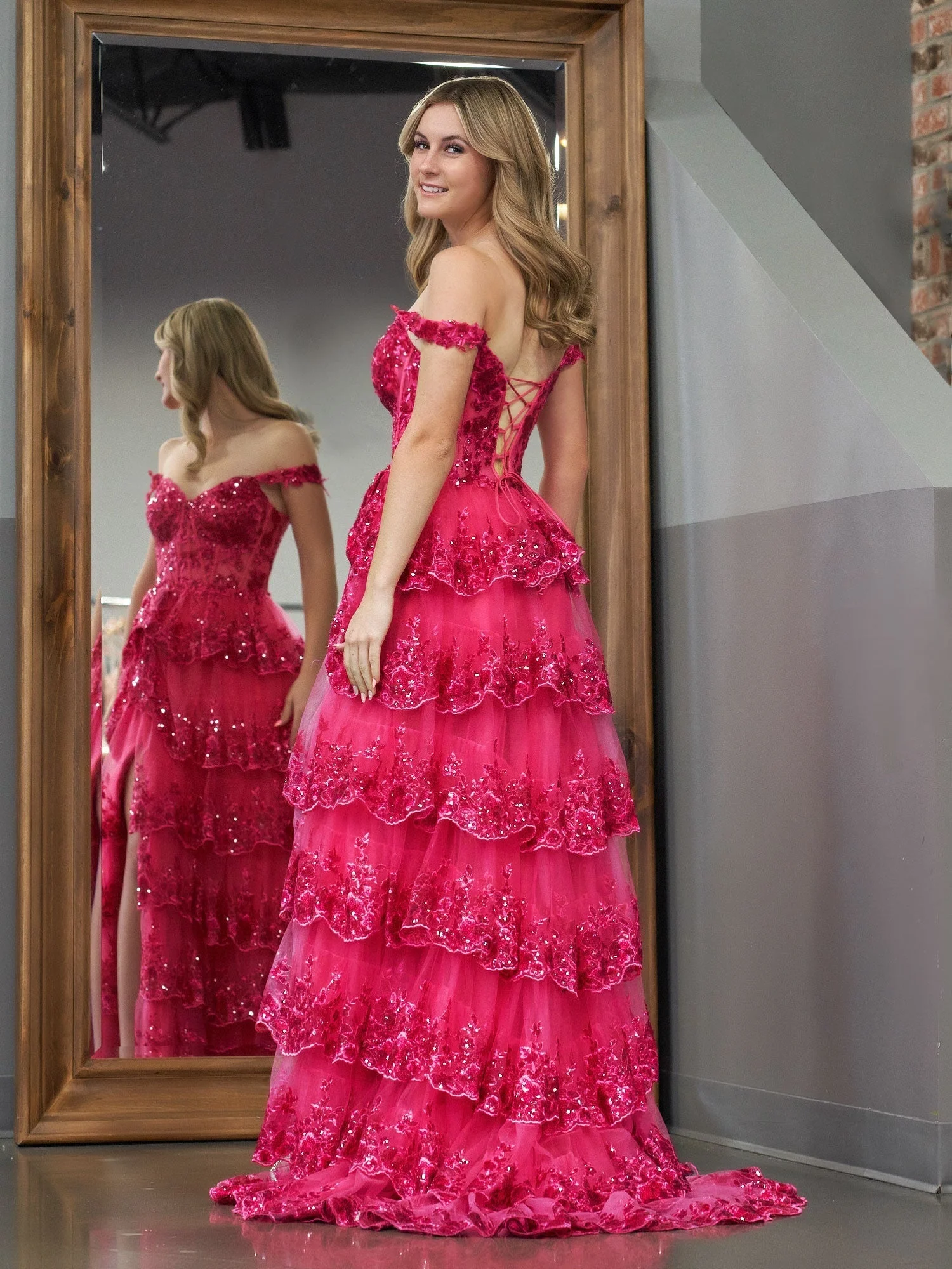 A Line Off the Shoulder Corset Prom Dress with Lace Ruffles - Image 6