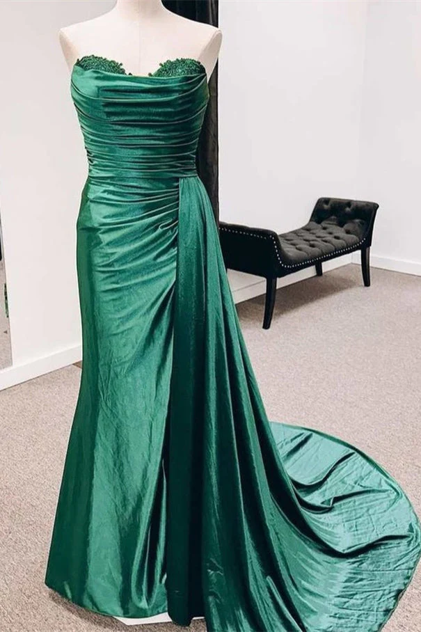 Fuchsia Strapless Mermaid Satin Pleated Long Prom Dress - Image 10