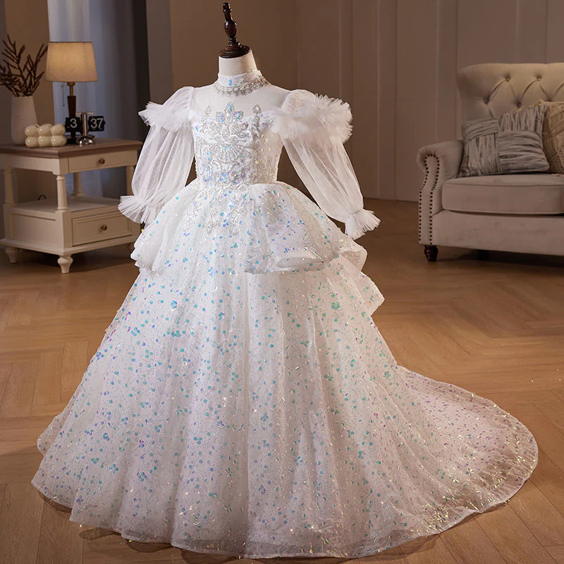 Children First Communion Dress Flower Girl Pageant Princess Long Sleeve Sequin Luxury Dress - Image 2