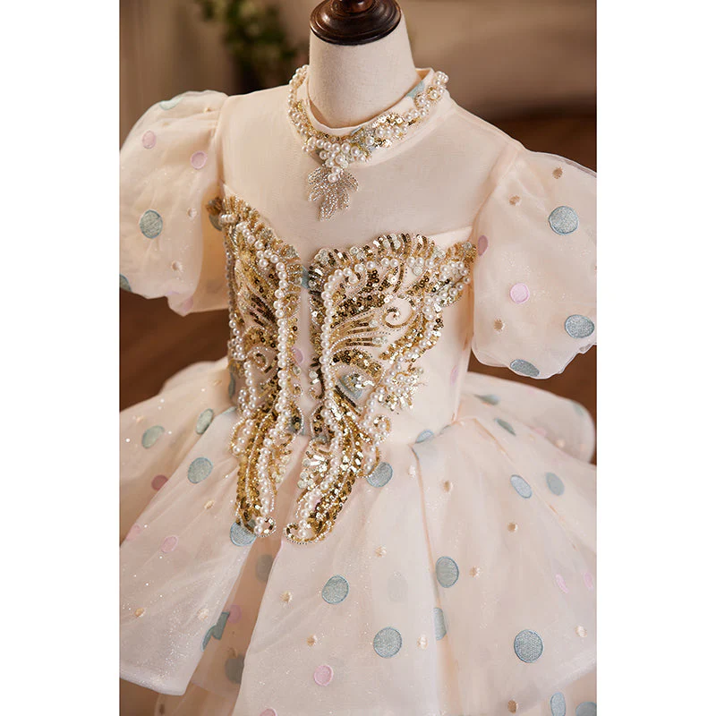 Flower Girl Dress Children Communion Summer Polka Dot Beaded Sequin Fluffy Baptism Princess Dress - Image 4