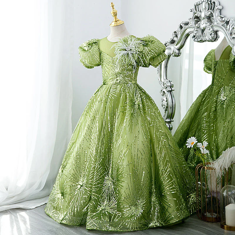 Flower Girl Dress Children Communion Light Green Sequined Puff Sleeves Princess Dress - Image 2