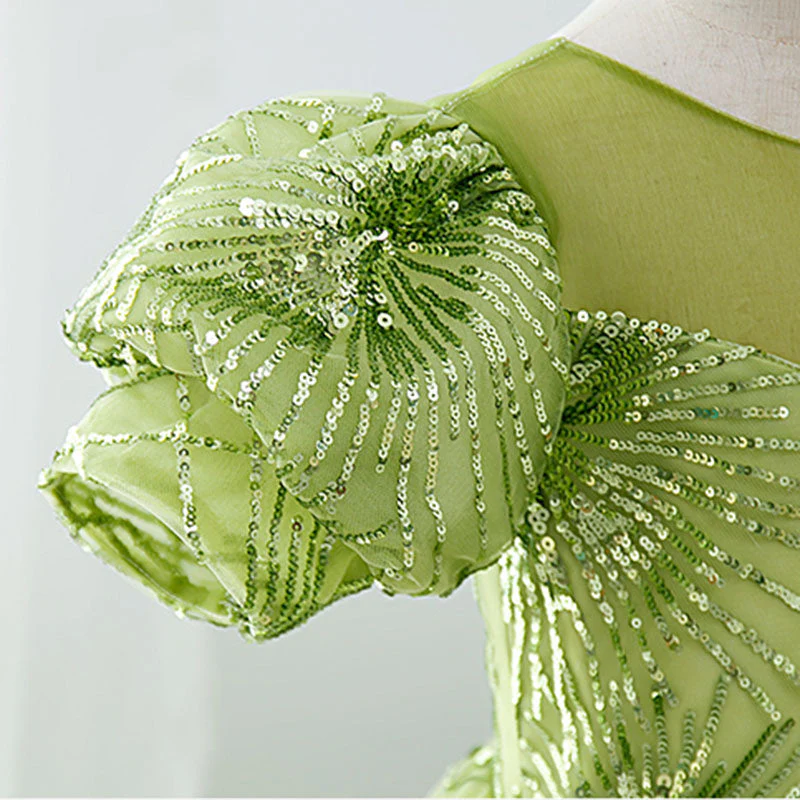 Flower Girl Dress Children Communion Light Green Sequined Puff Sleeves Princess Dress - Image 8