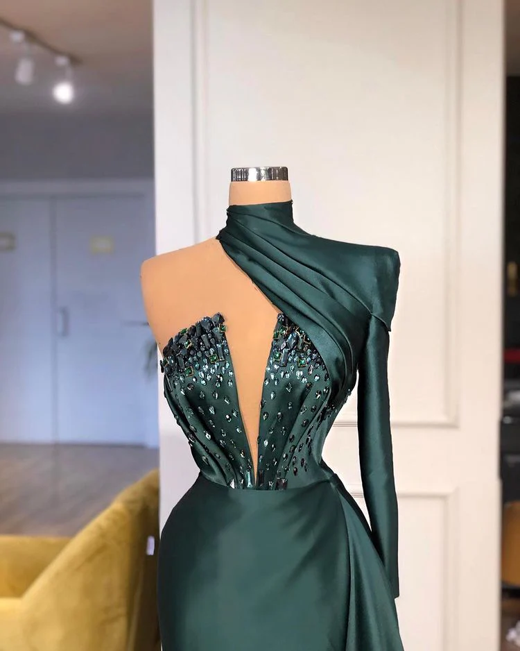 Amazing High Neck Long Sleeve Mermaid Ball Dresses With Crystals One Shoulder - Image 2