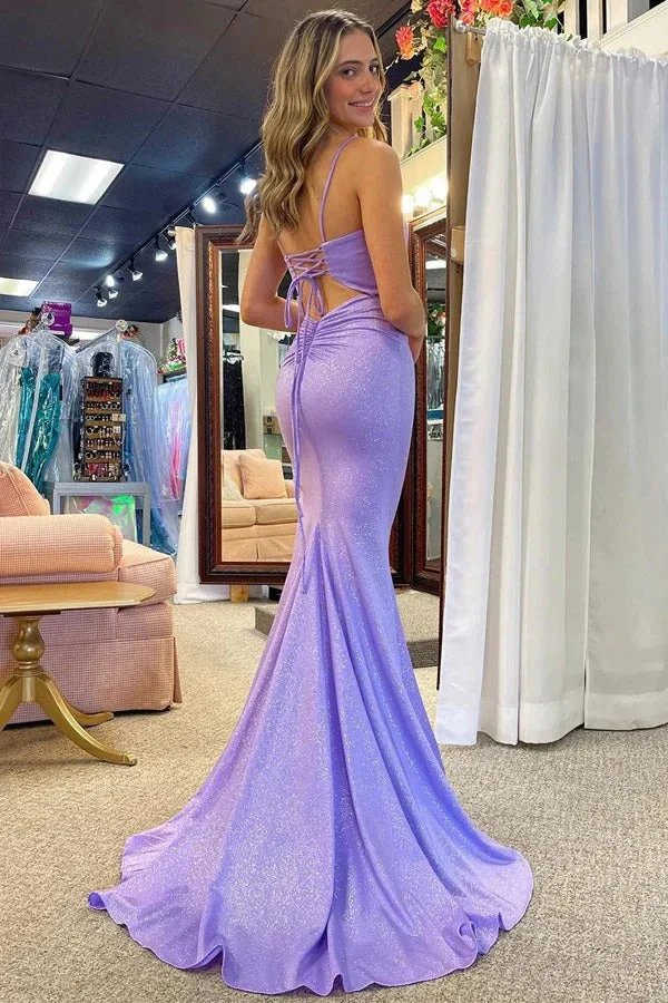 Glamorous Mermaid Square-Neck Sleeveless Lace-Up-Back Train Prom Dress - Image 2