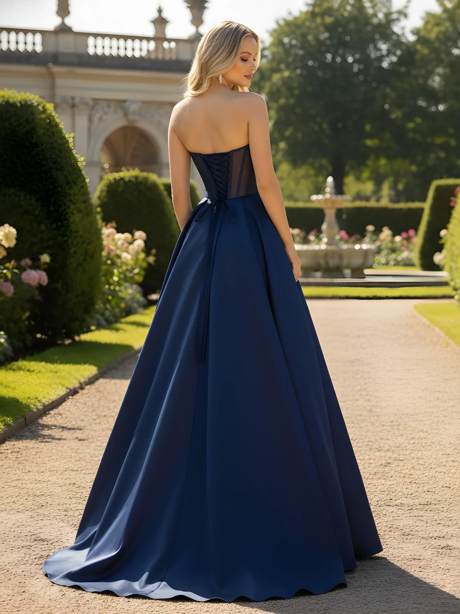 Elegant Navy Blue Strapless Satin Ball Gown with Beaded Sweetheart Neckline: Prom Dress - Image 2