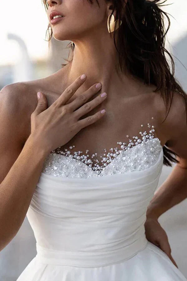 Glamorous Satin A-line Sweetheart Modest Wedding Dresses With Pearls - Image 3