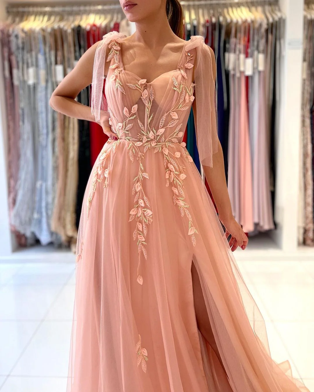 Amazing Straps Tulle Evening Dress Long With Split Sweetheart - Image 3