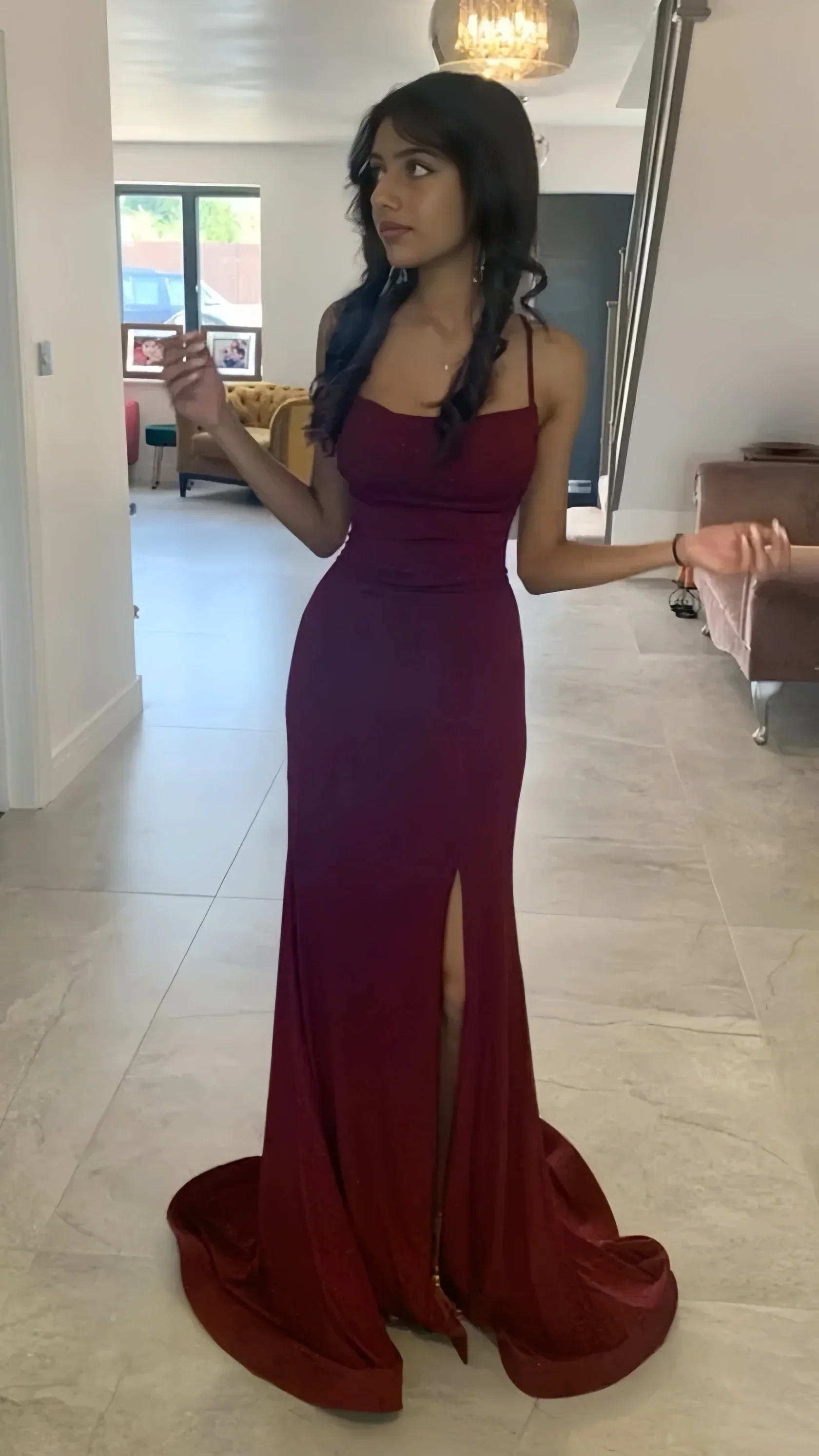 Glitter Burgundy Mermaid Split Senior Prom Dress - Image 3