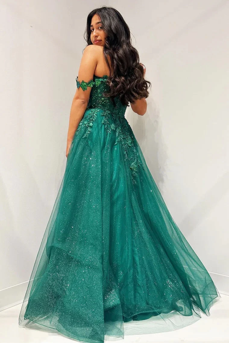 Glitter Emerald Appliques Off-the-Shoulder A-Line Long Prom Dress - Image 2