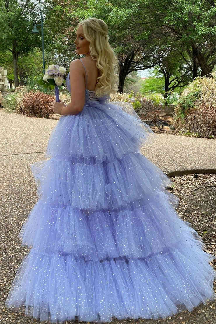 Glitter Hi-Low Lavender Tiered Tulle Prom Dress - Image 2