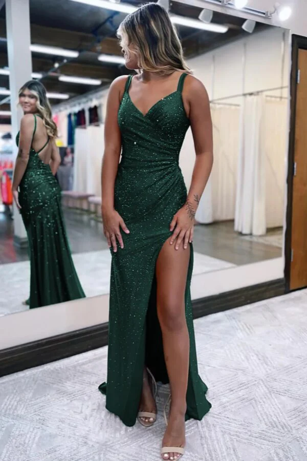 Glitter Jersey Mermaid V Neck Prom Dresses With Slit, Long Formal Dress - Image 4
