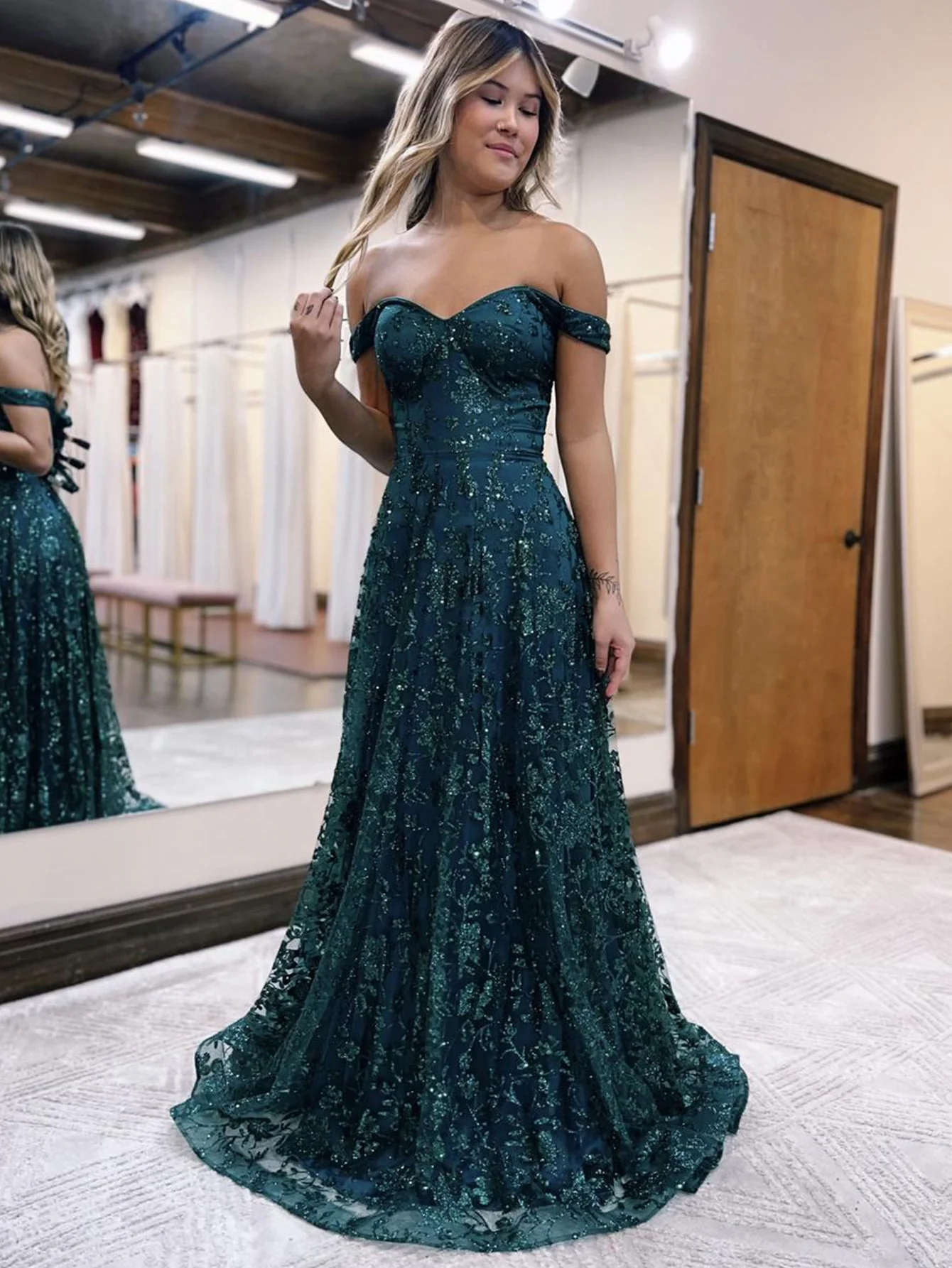 Glitter Mermaid Off The Shoulder Dark Green Long Prom Dress - Image 4