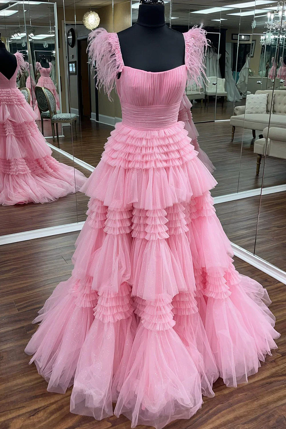 A-line Spaghetti Straps Glitter Tulle Prom Dress with Slit - Image 4