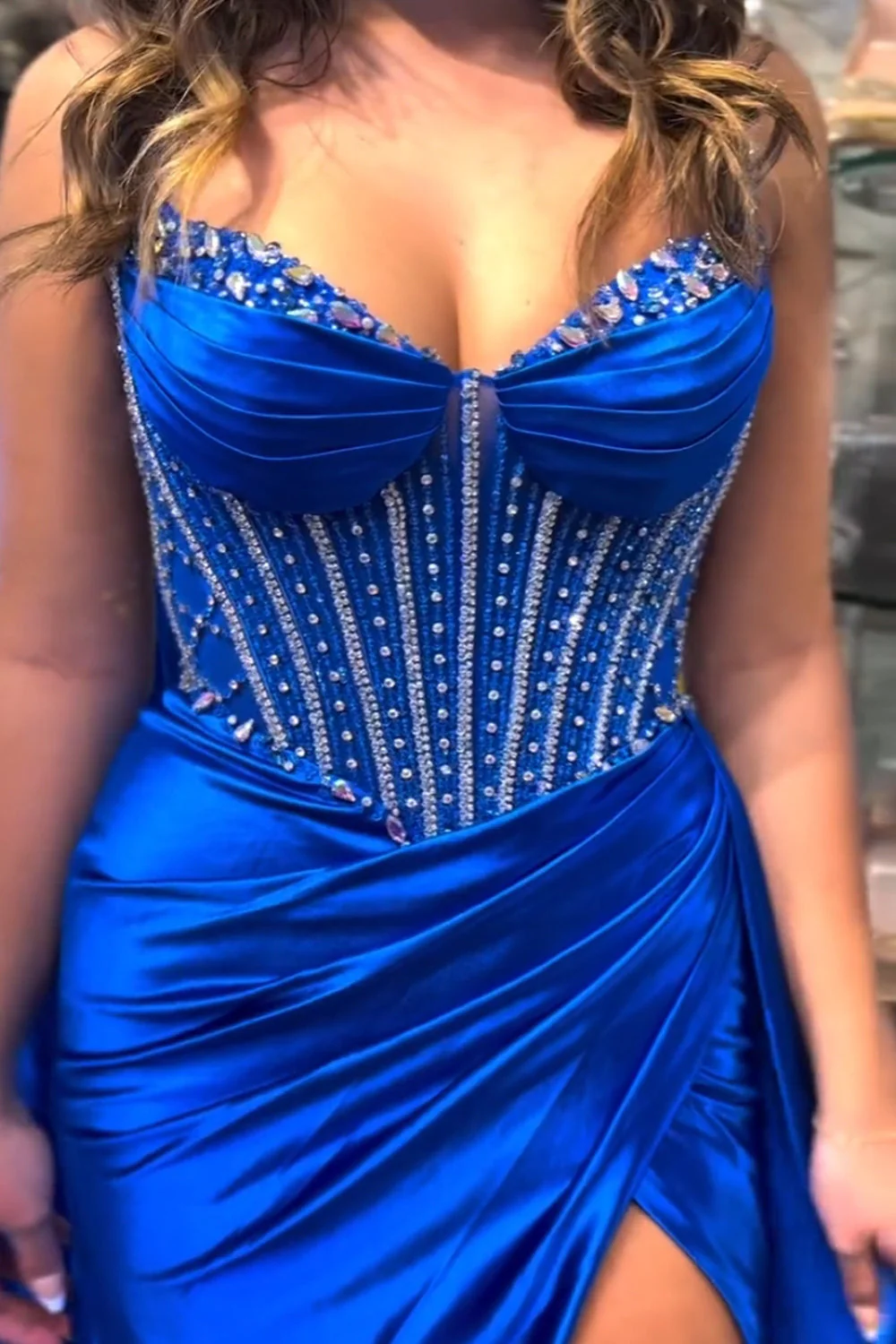 Glitter Royal Blue Satin Mermaid Spaghetti Straps Long Corset Prom Dress with Beading - Image 4
