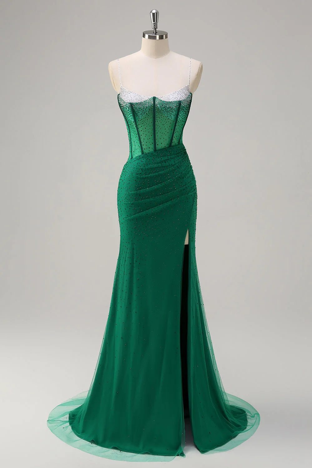 Glitter Royal Blue Spaghetti Straps Beaded Mermaid Long Corset Prom Dress with Slit - Image 26